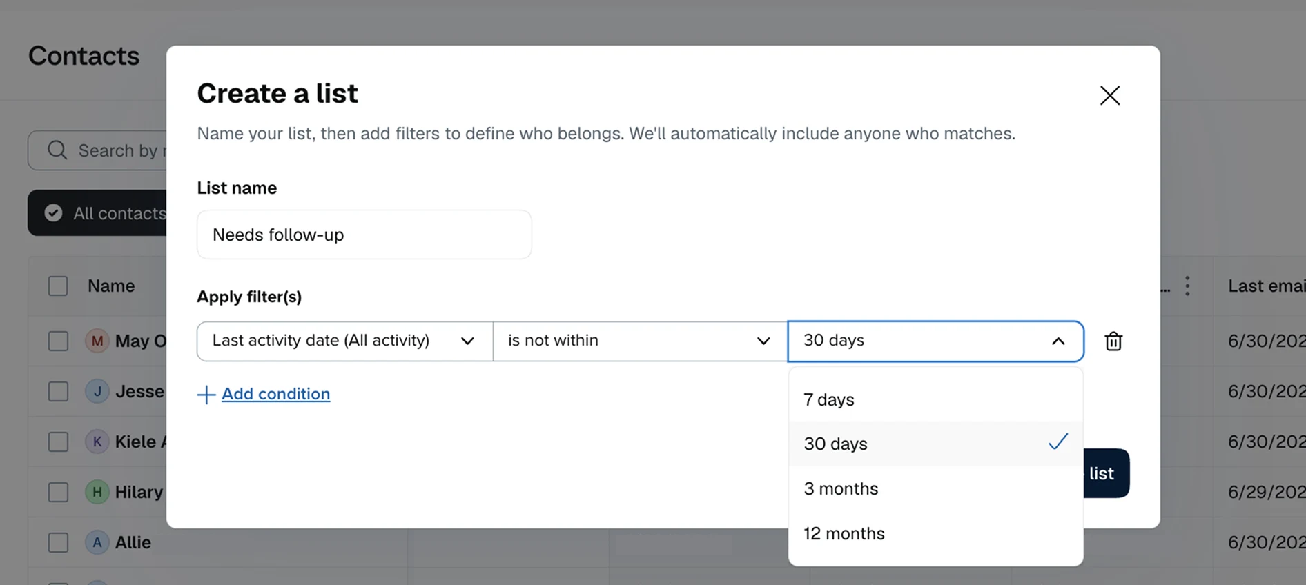 Calendly modal for creating a contact list named “Needs follow-up” with a filter for contacts inactive for 30 days.