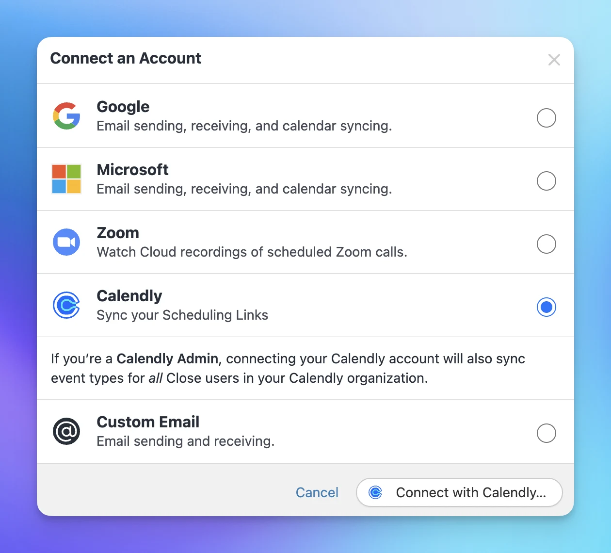 Screenshot of the Close CRM "Connected Accounts" settings page. "Calendly - Sync Your Scheduling Links" is selected.