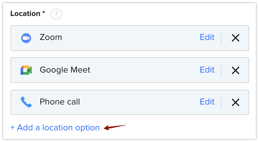 Screen for choosing meeting video conference options in Calendly