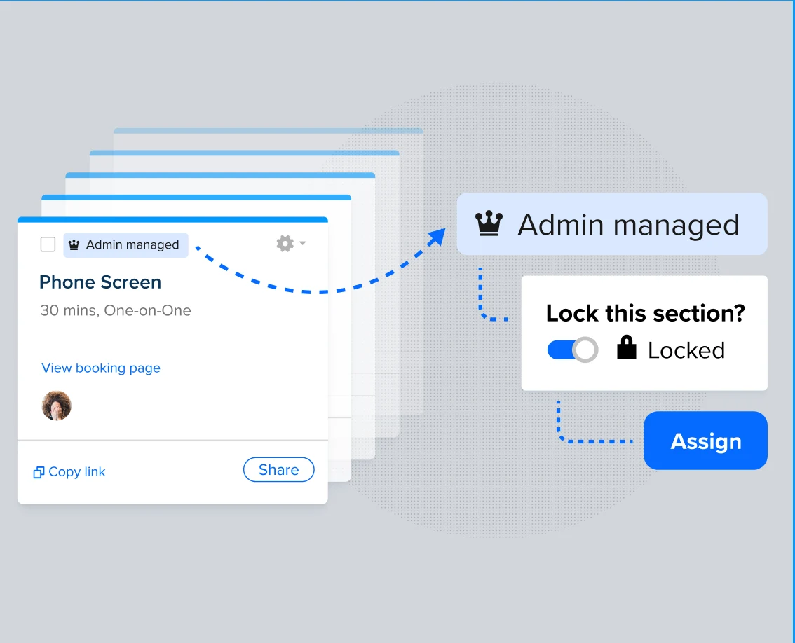 Screenshot showing how Calendly’s admin Managed Events can lock and sync meeting templates to ensure best practices are followed.