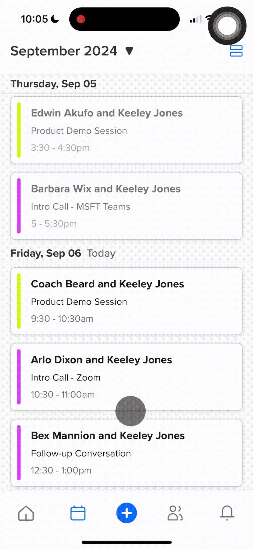 GIF showing a user on the Calendly mobile app clicking into a past meeting in the Meetings tab. The user marks the attendee as a no show and clicks into the Book follow-up options.