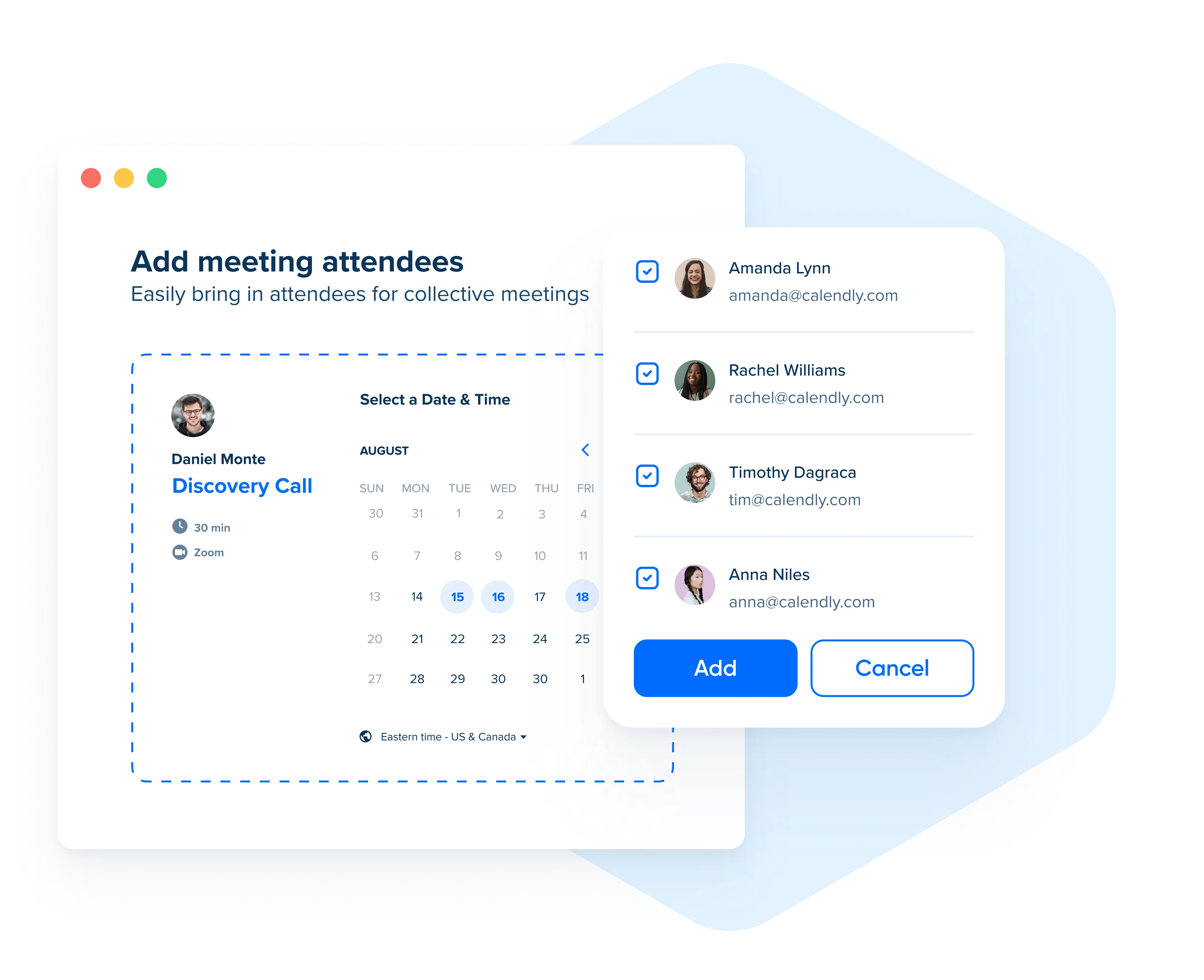 Stylized screenshot of the Calendly booking page for a "Discovery Call" Collective meeting, where the user can add multiple meeting attendees.