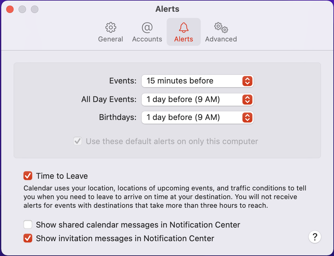 Apple Calendar alert settings