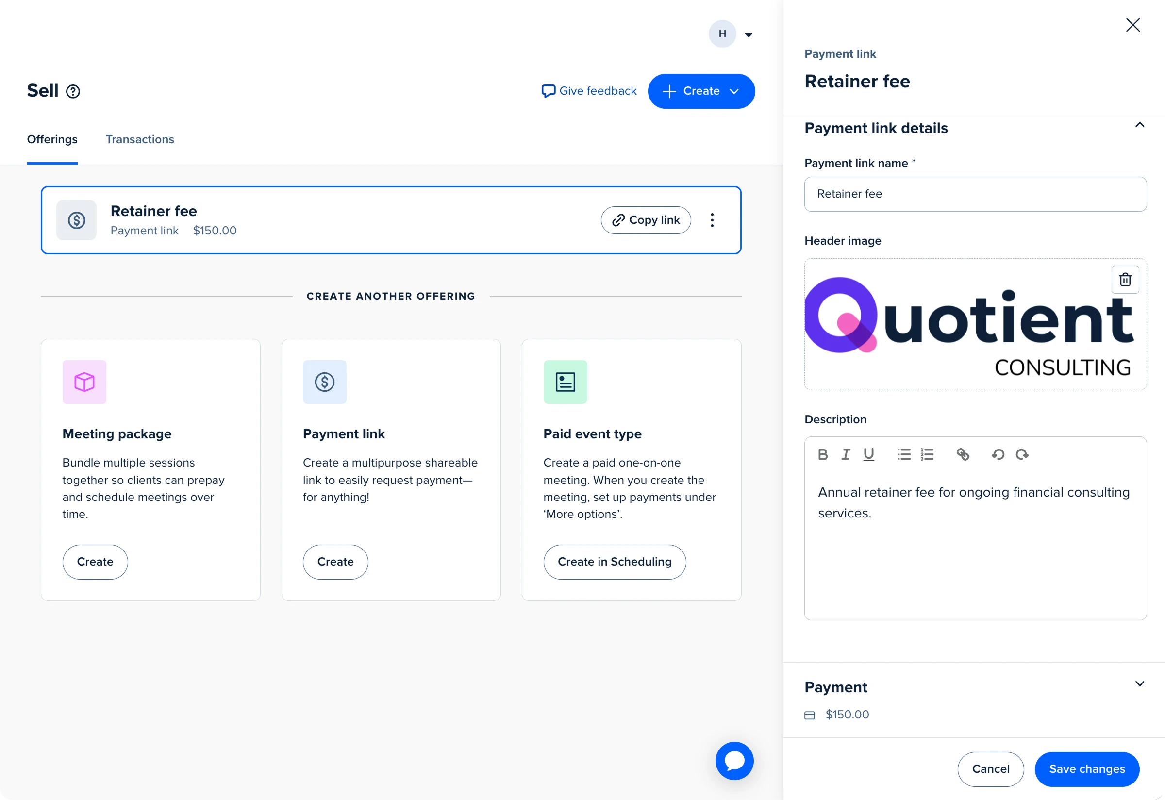 Screenshot of the Sell tab in Calendly. The user is creating a new payment link for a $150 retainer fee.