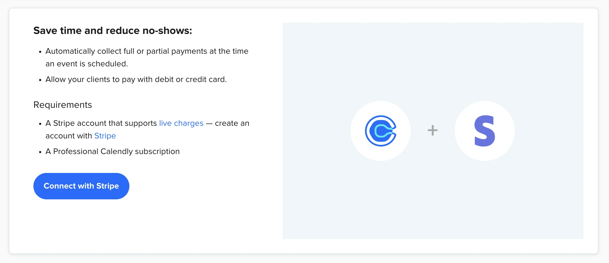 screenshot of integration page: Automatically collect full or partial payments at the time an event is scheduled. Allow your clients to pay with debit or credit card.