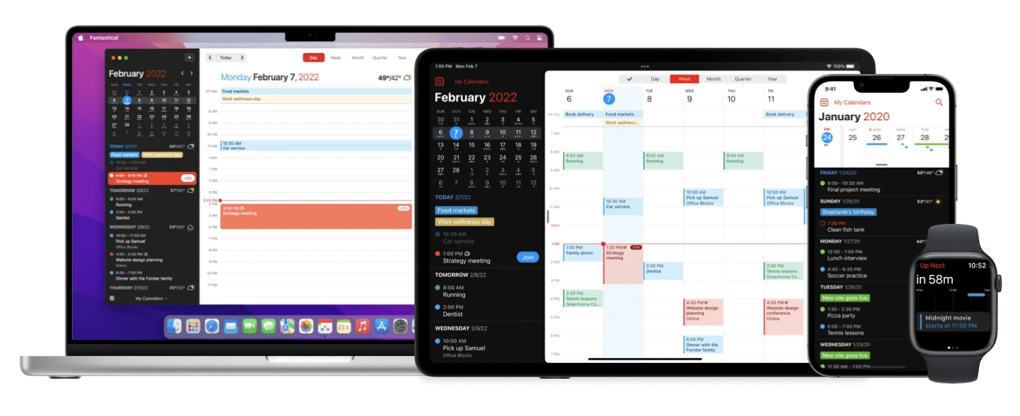 Fantastical's calendar interface on desktop and mobile