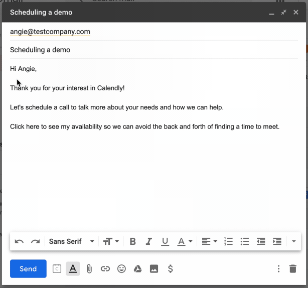 Example of embedding your Calendly scheduling link in an email with hypertext