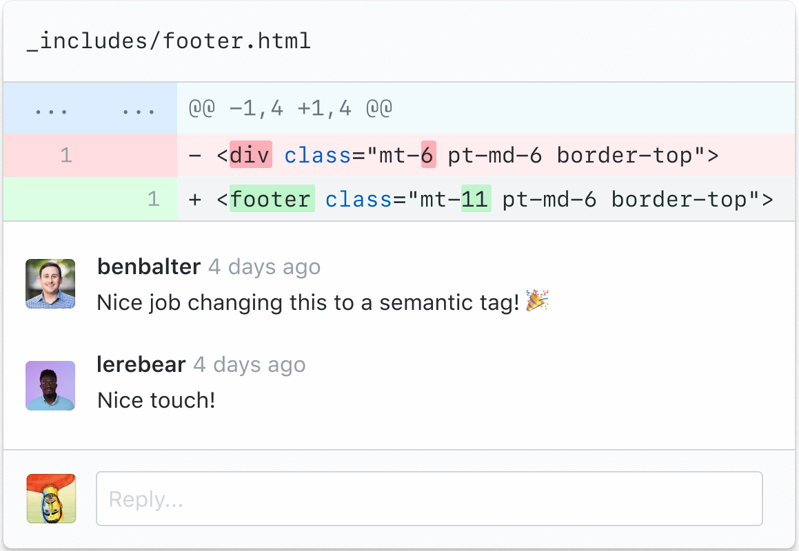 Screenshot of a code review in GitHub with comments saying "Nice job changing this to a semantic tag!" and "Nice touch!"