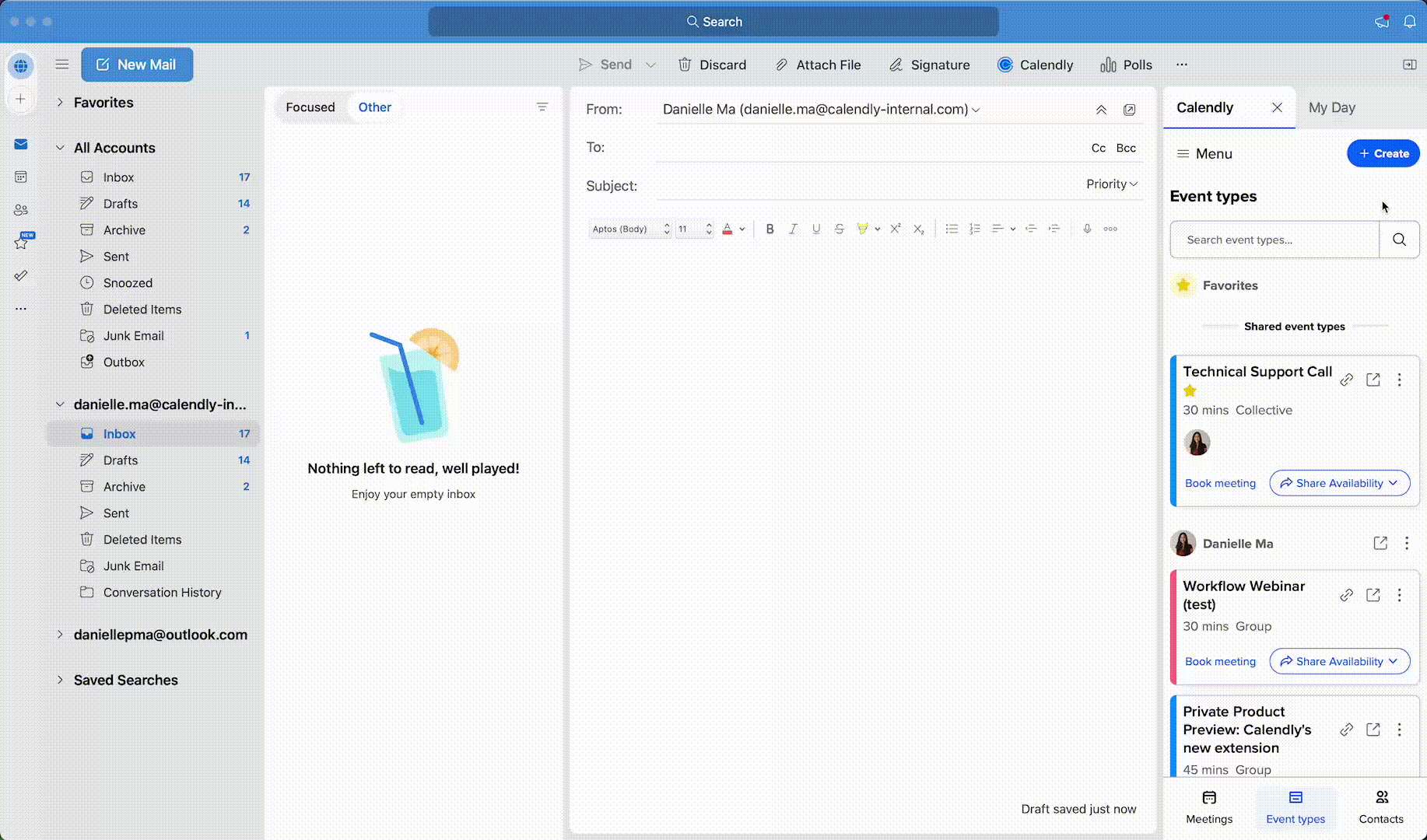 GIF showing the Calendly Outlook add-in in an Outlook inbox. The user creates a one-off meeting from the add-in, selects the times to offer, and pastes the scheduling link into an email.