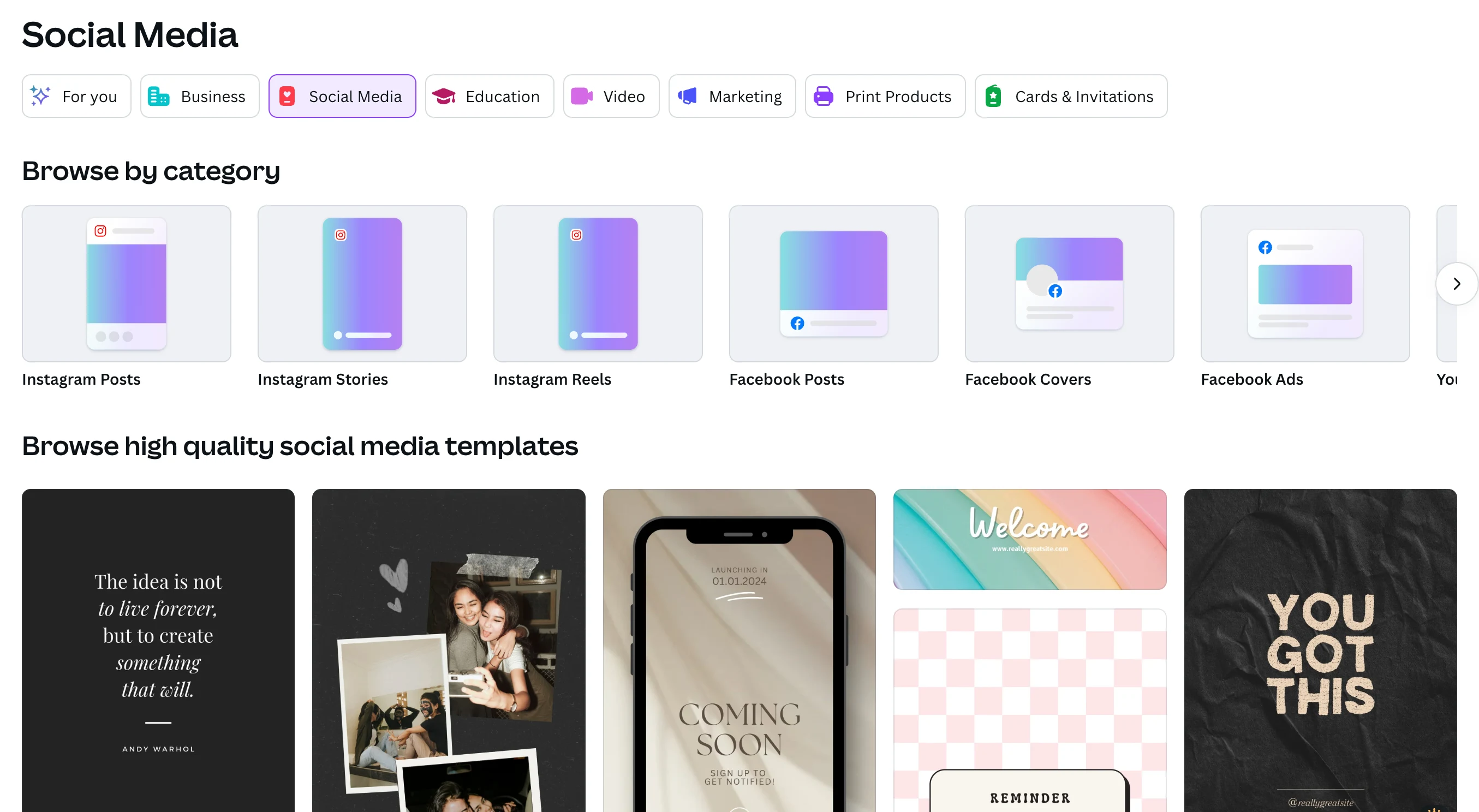 Screenshot of the Social Media section of Canva's template library. Template categories include Instagram Posts, Instagram Stories, Instagram Reels, Facebook Posts, Facebook Covers, and Facebook Ads.