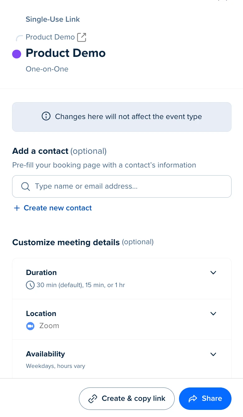 Screenshot of creating a new single-use link in Calendly, with the option to add a contact and customize meeting details including duration, location, and availability.