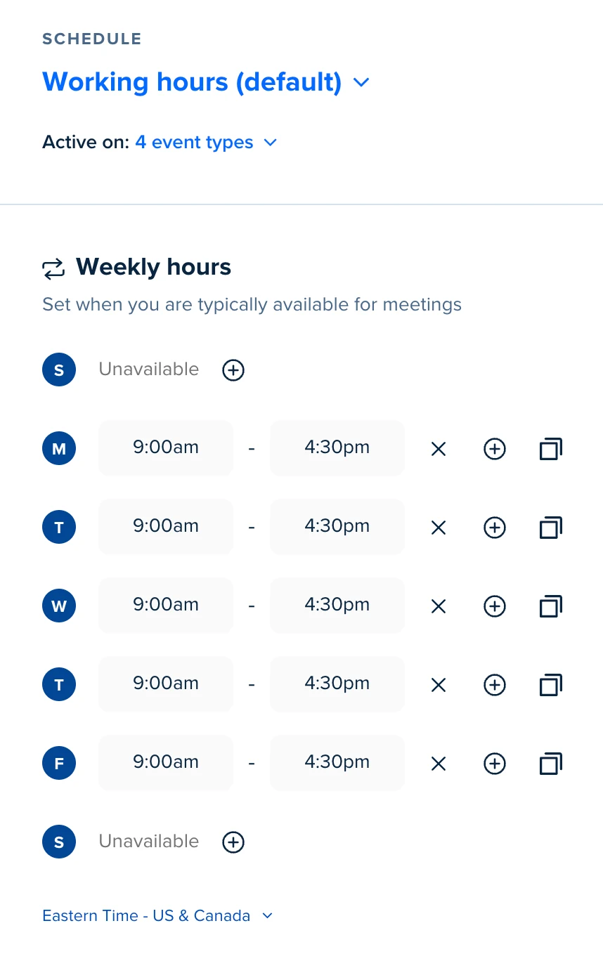 Screenshot of a default schedule in Calendly availability settings. The schedule is called Weekly hours and the available times selected are Monday through Friday, 9 a.m. to 4:30 p.m.