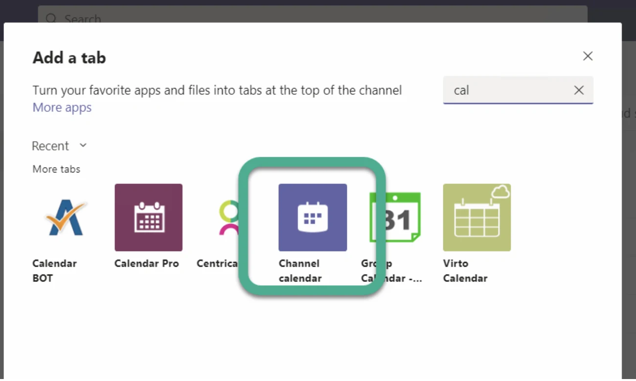Screenshot of the "Add a tab" screen from a Microsoft Teams channel. The "Channel calendar" icon is circled.