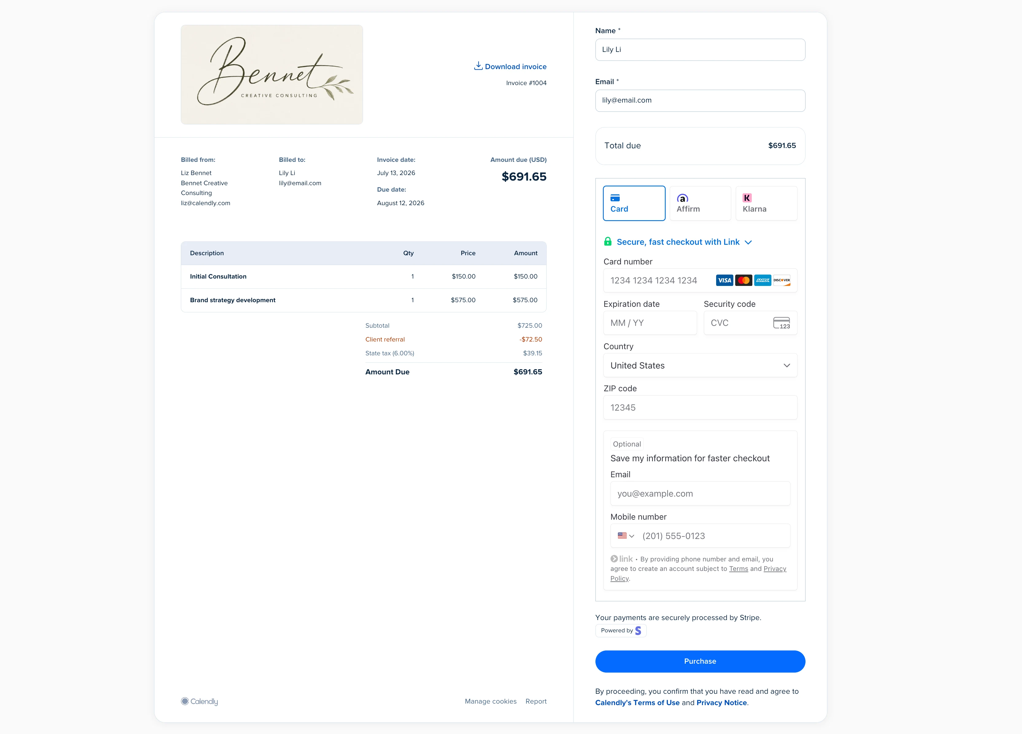 Hosted Calendly invoice page showing invoice details, amount due, line items, and a Stripe payment form with card, Affirm, and Klarna options.