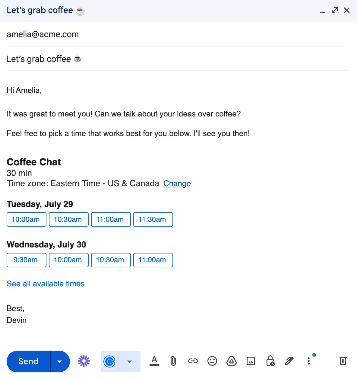 Screenshot of the Gmail email composer showing an email draft with clickable time slots