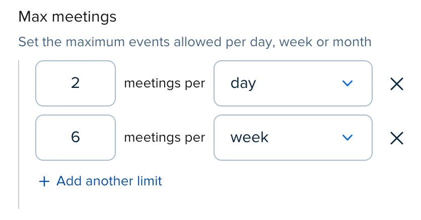 Screenshot of the Event Type settings for a Calendly Event Type. The Max meetings settings show a maximum of 2 meetings per day and 6 meetings per week.