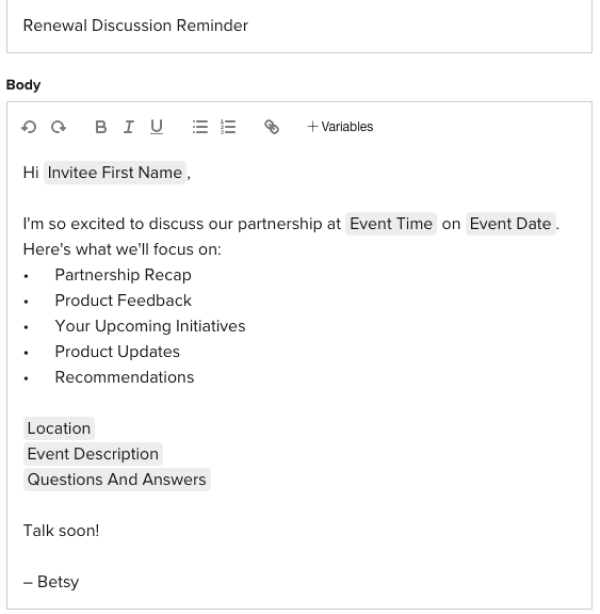 Sample reminder email including list of topics a customer should be prepared to cover before a contract renewal meeting