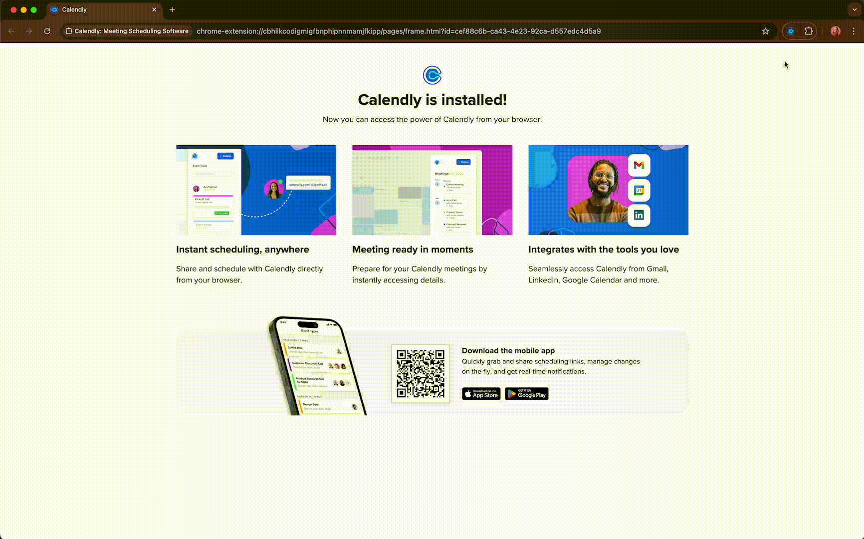 GIF showing someone opening and clicking through the Meetings, Event Types, and Contacts tabs in the Calendly browser extension.