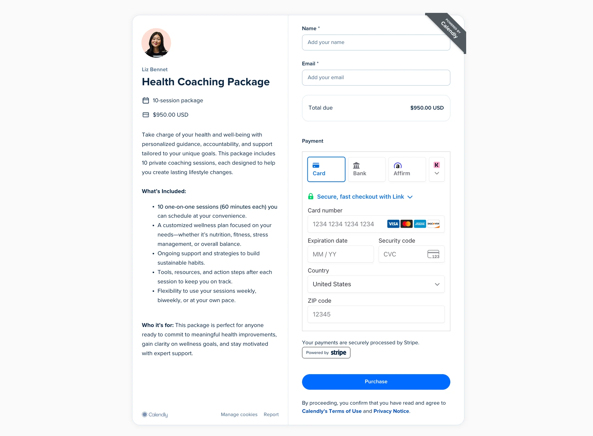 Screenshot of the Calendly checkout page for a Health Coaching Package. The package includes 10 sessions and costs $950. The checkout page includes a description of the package and multiple payment options.
