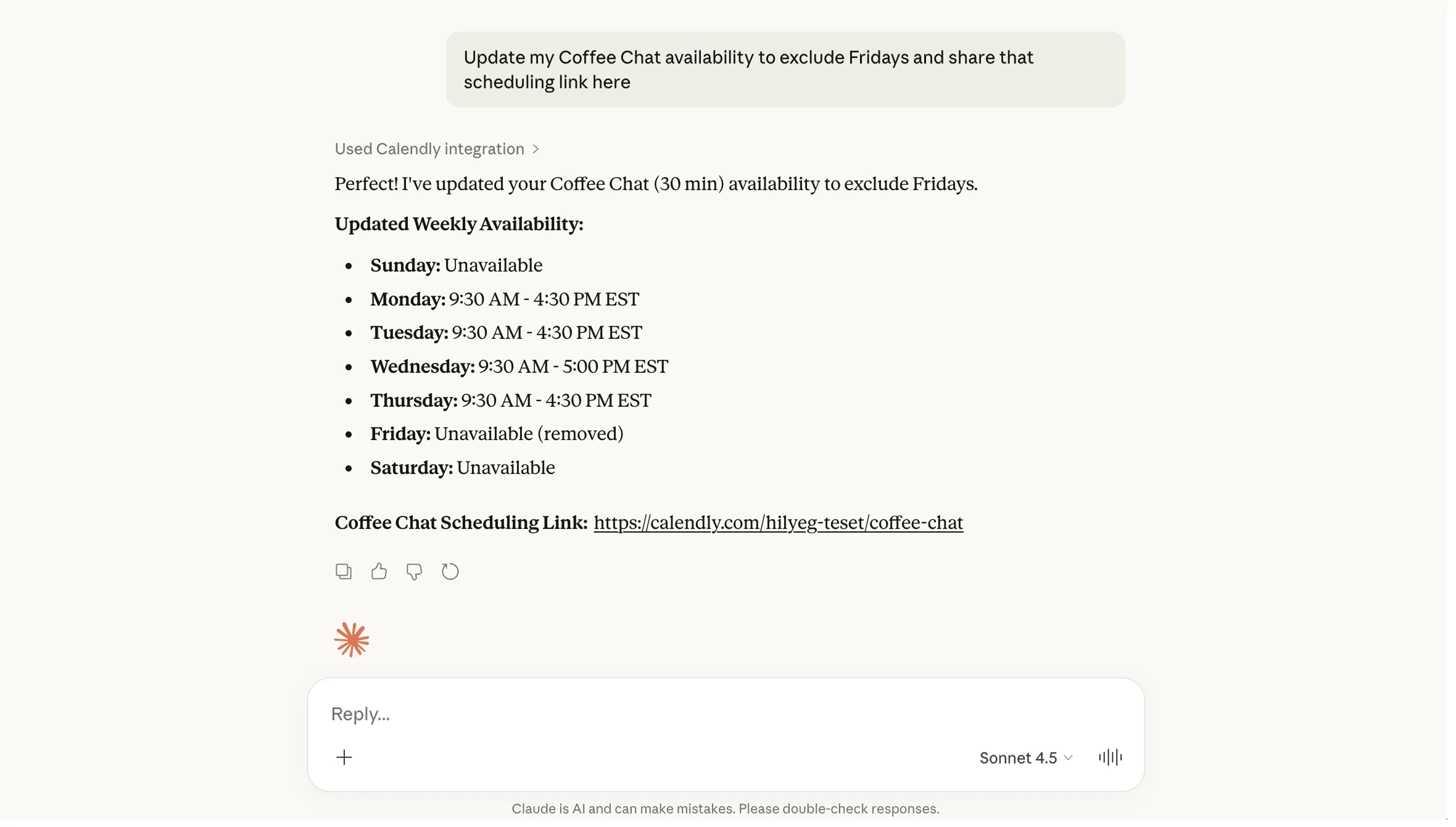 Screenshot of a conversation with Claude. The user asks Claude to update Coffee Chat availability and Claude confirms that it's done so, shows the updated availability, and shares the scheduling link.