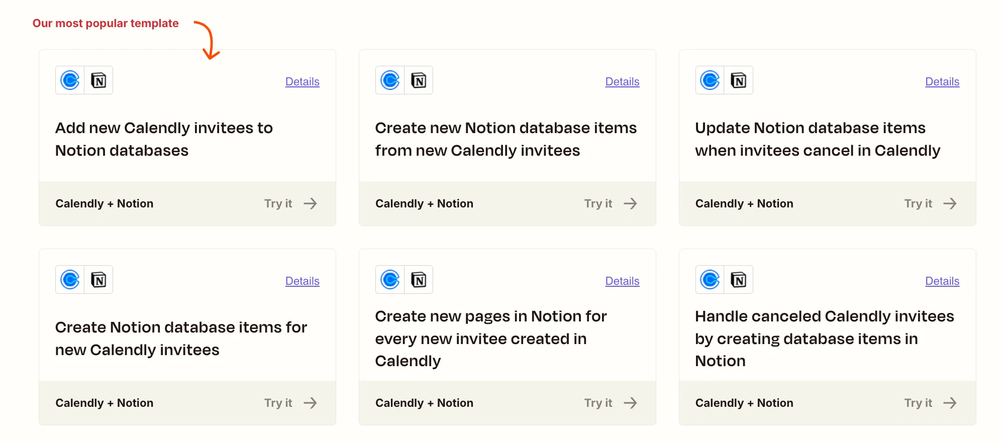 Zapier template gallery showing Calendly and Notion automation templates, including options to add new invitees to Notion databases and update records when invitees cancel.
