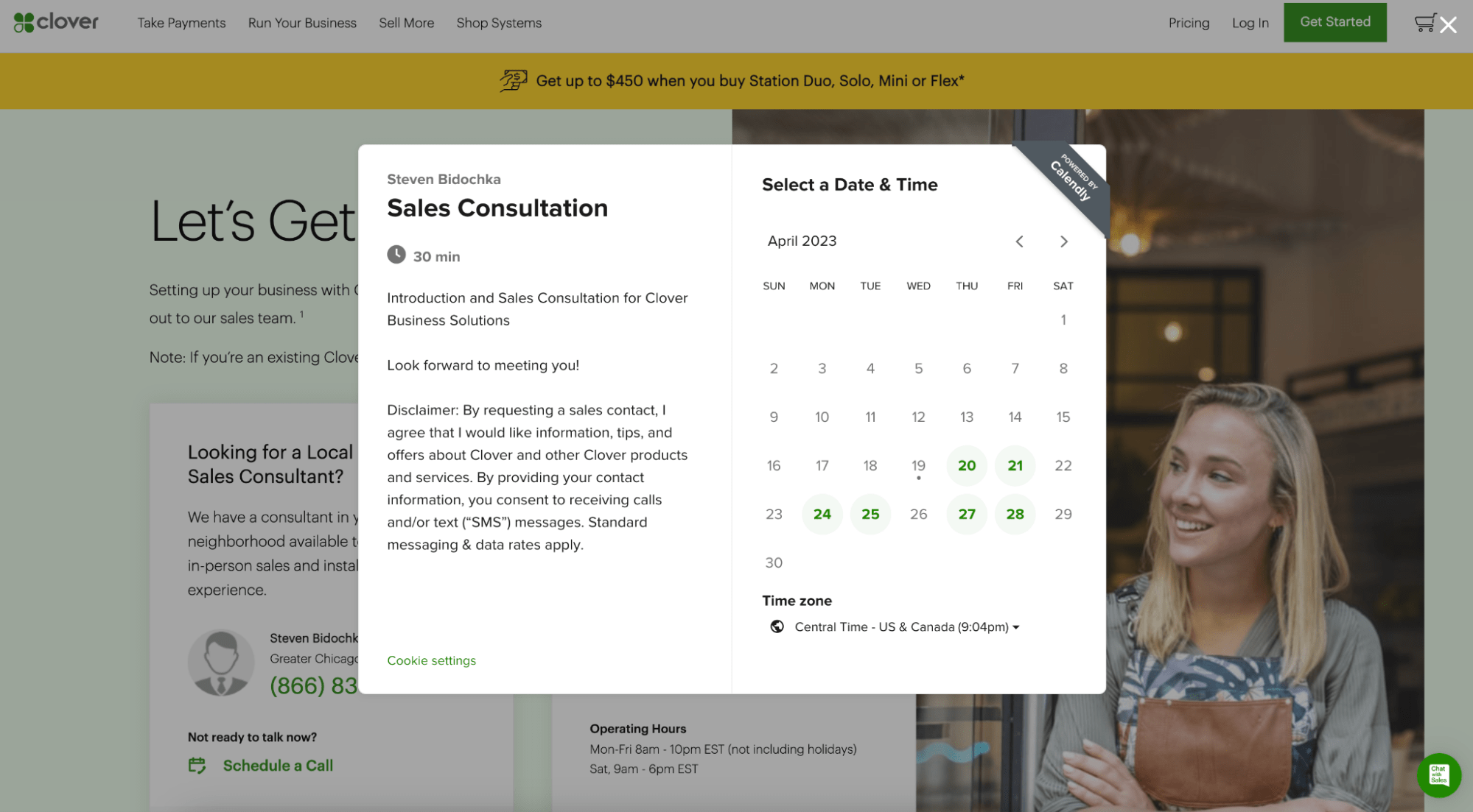 Screenshot of Clover's "Get Started" page. A pop-up shows the Calendly booking page for a "Sales Consultation" event.