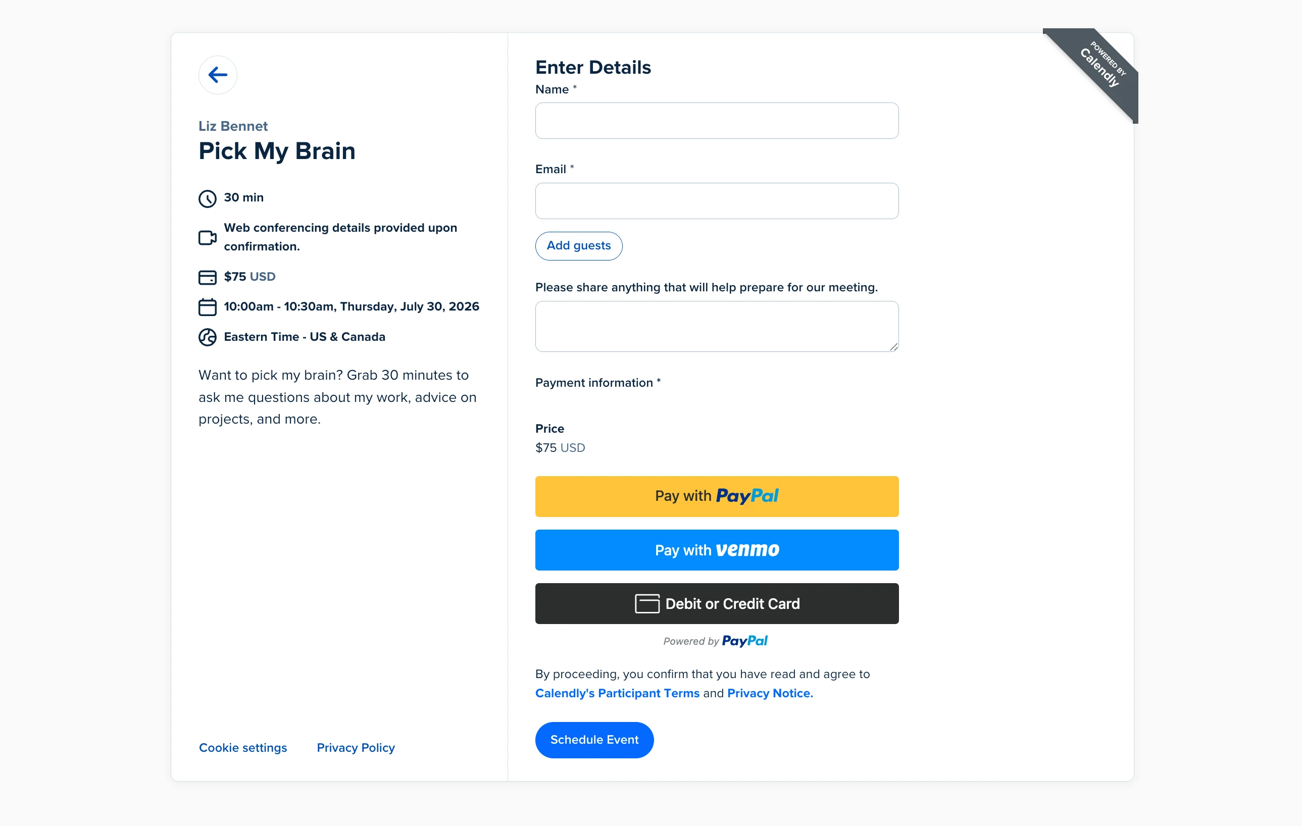 Calendly booking page for a 30-minute, $75 event with payment options for PayPal, Venmo, and debit or credit card.