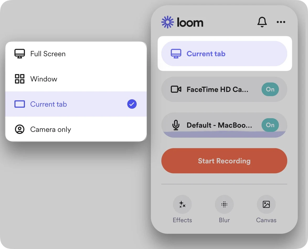 Screenshot demonstrating how Loom's extension records your screen and camera together, from wherever you are on your screen.