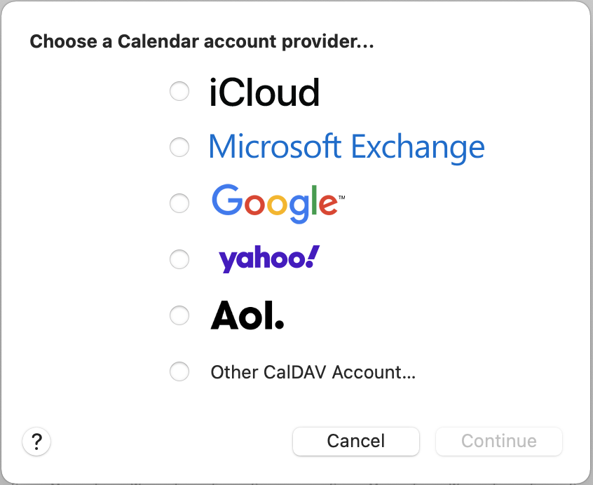 List of iCloud, Microsoft Exchange, Google, Yahoo, AOL, or other calendars.