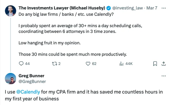 X post by @investing_law with reply from @GregBunner discussing Calendly usage among law firms, banks, and CPA firms