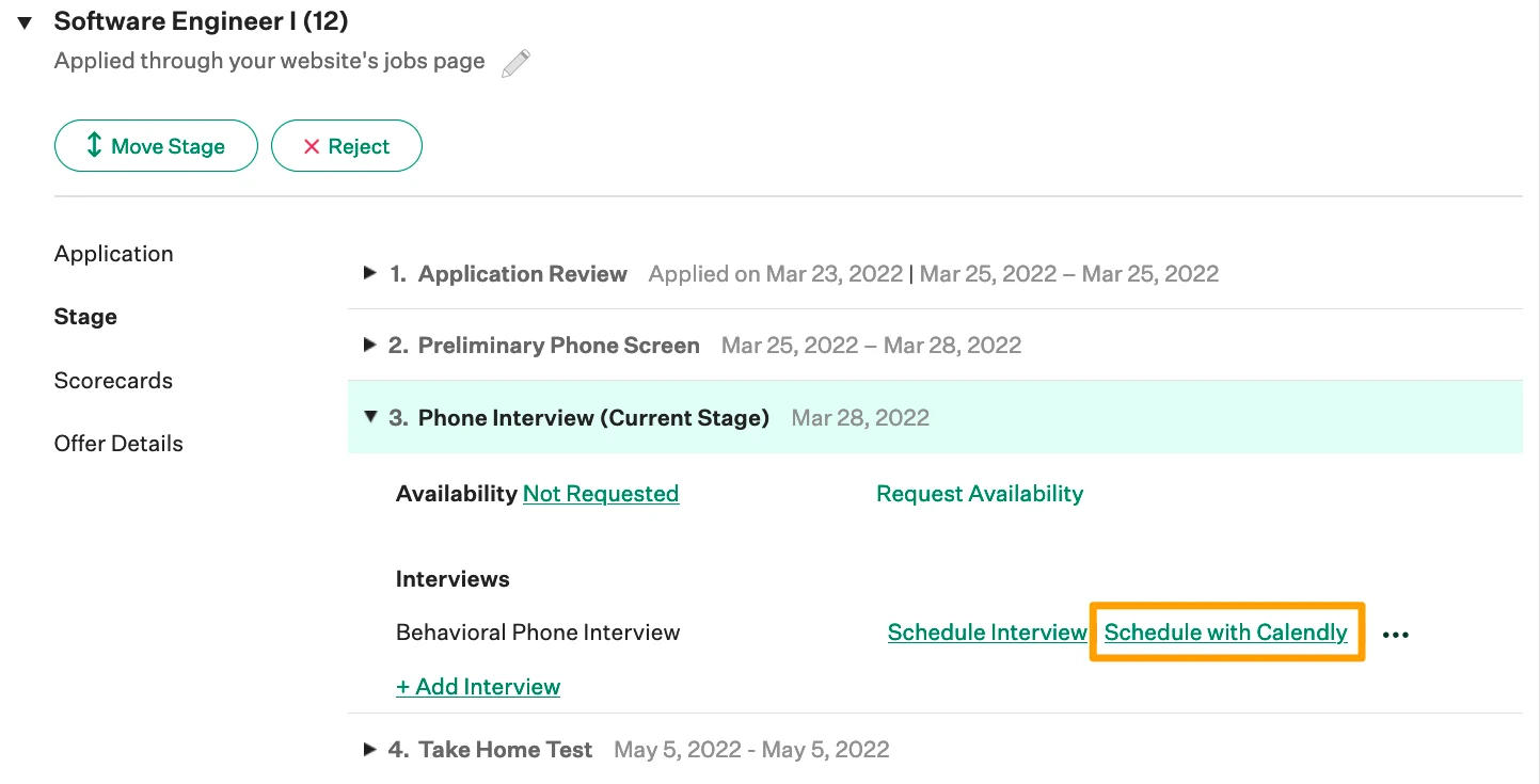 Screenshot showing Calendly’s integration with Greenhouse.