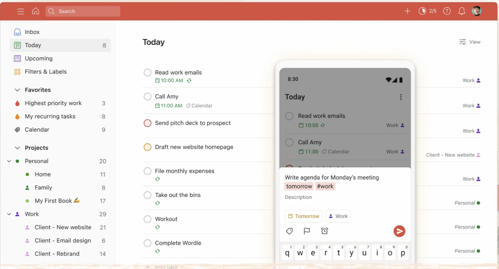 Todoist is a task management and to-do list software that lets you organize and track your tasks and projects. You can also connect your email, calendar, and files to Todoist to simplify workflows.