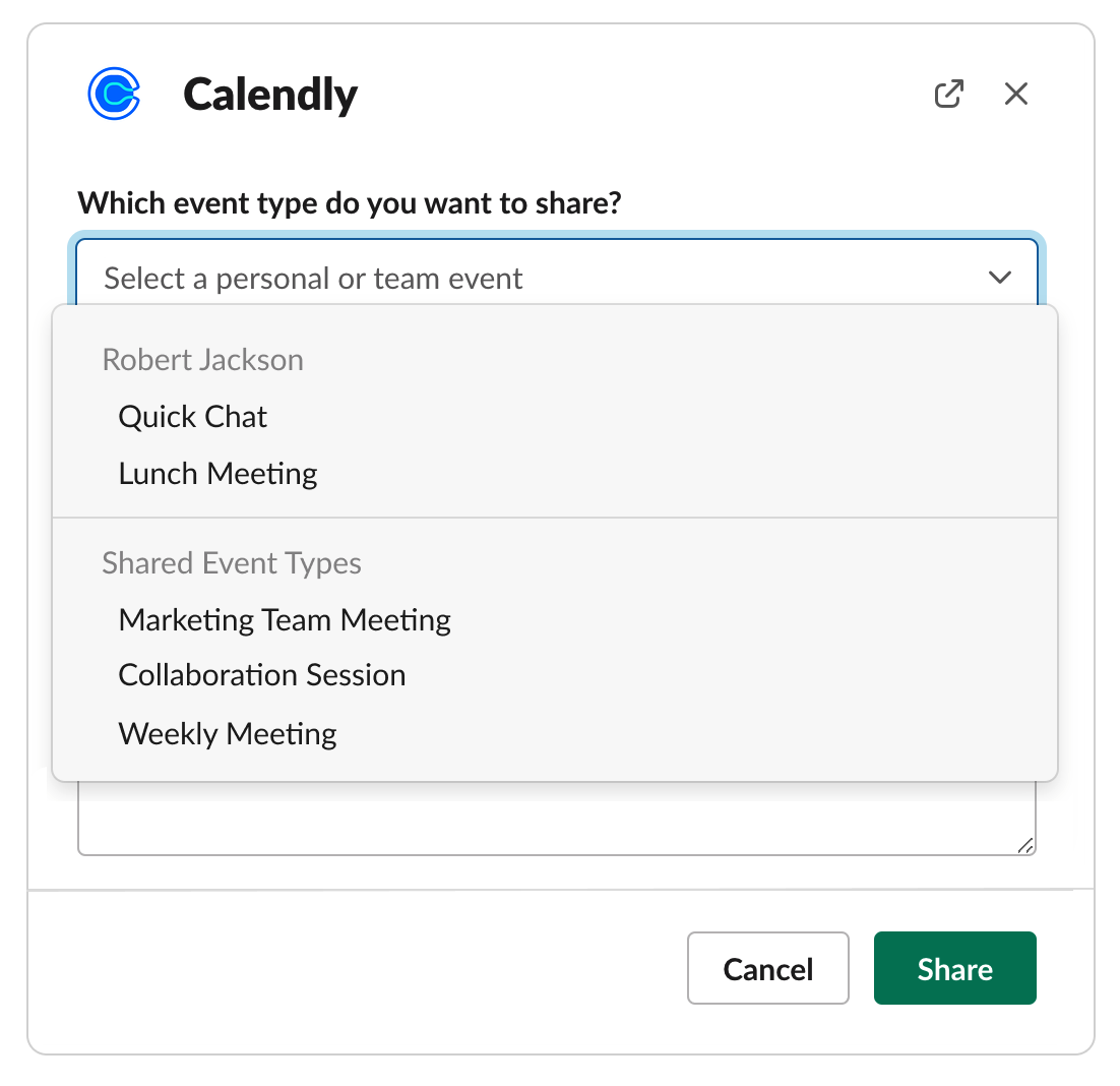 You can see all possible meeting types, right within Slack. You can see all possible meeting types, right within Slack.