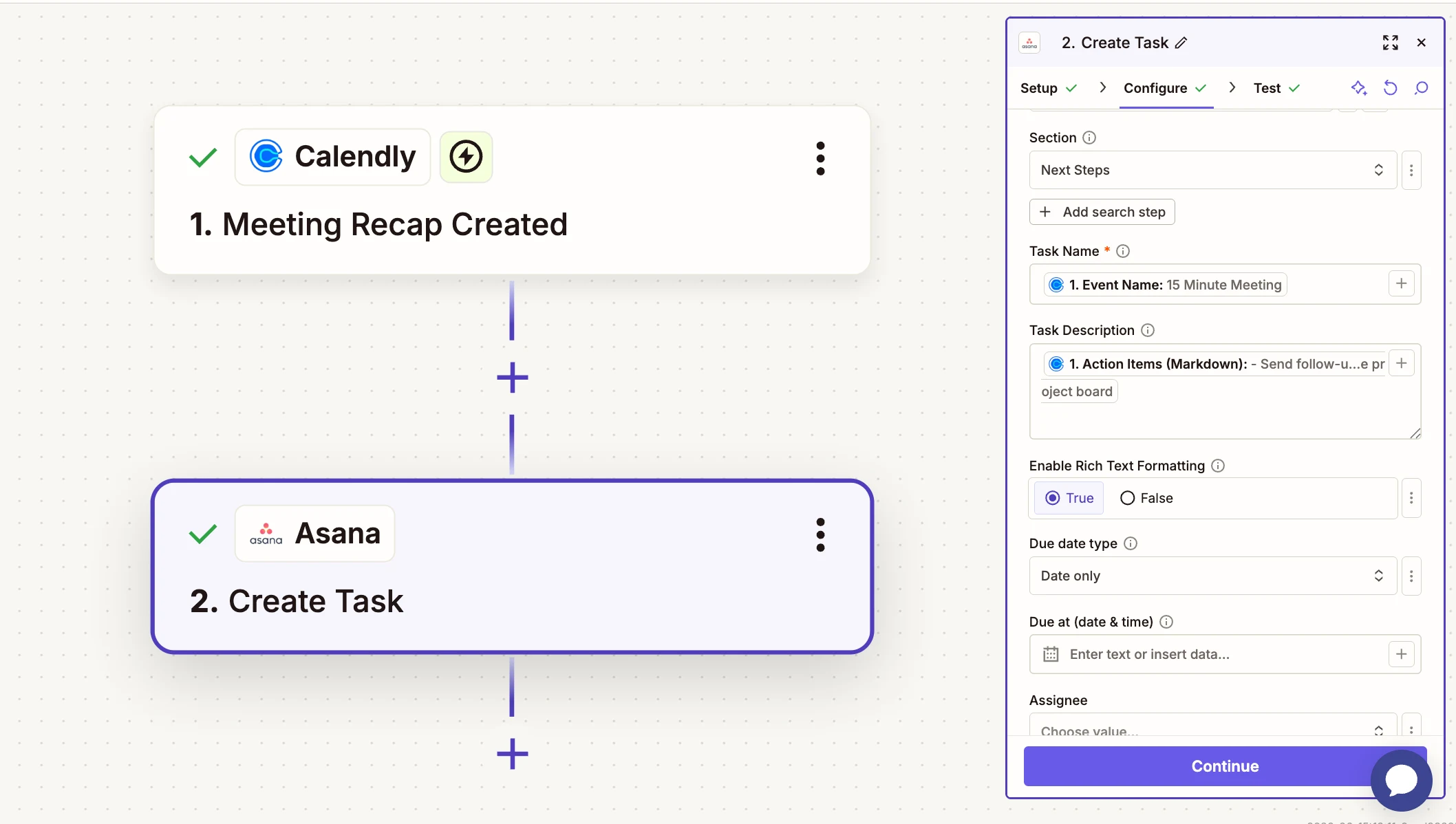 Zapier workflow showing a Calendly “Meeting Recap Created” trigger connected to an Asana “Create Task” action.