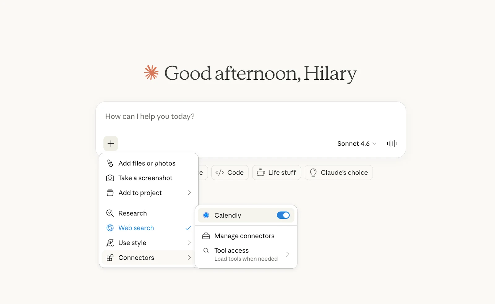 Screenshot of a new conversation in Claude. The plus sign is selected, and the Connectors menu item shows that the Calendly connector is toggled on.