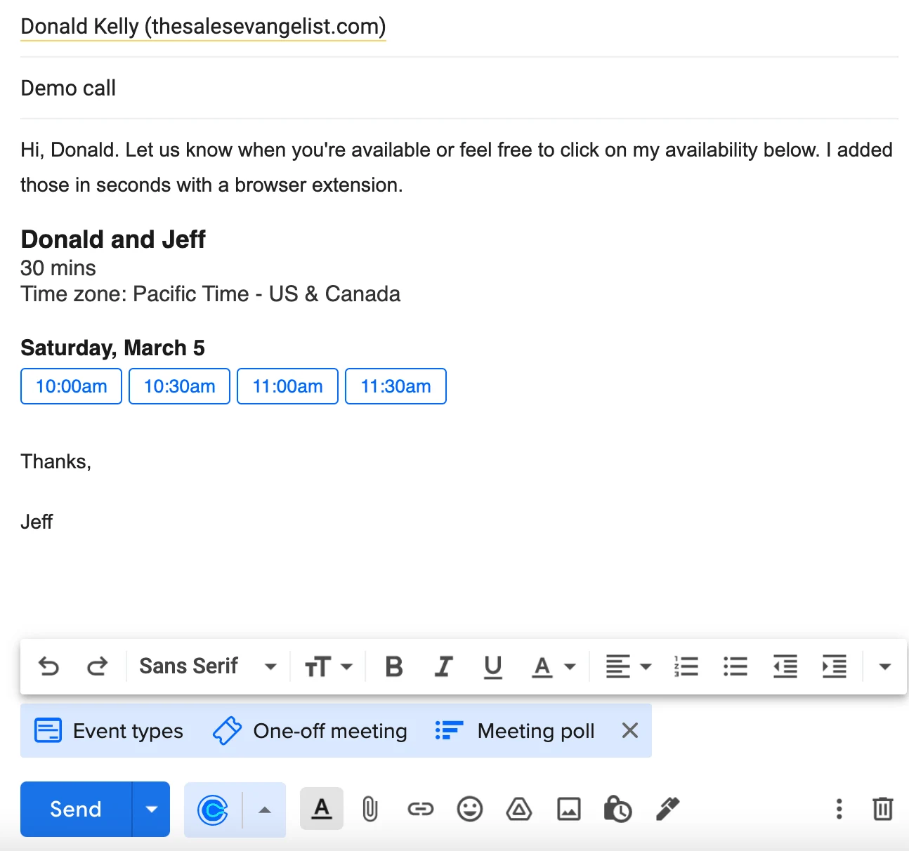 Calendly makes it easy to suggest meeting times in your email.