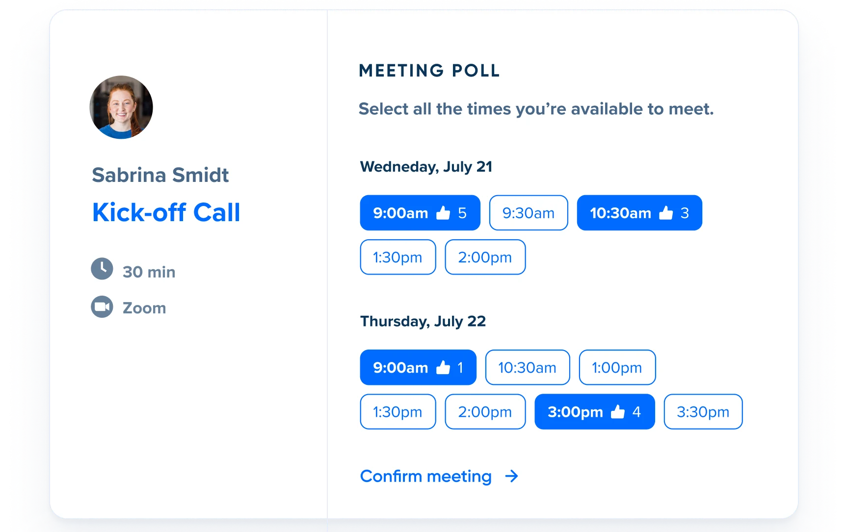 Screenshot showing results for a Calendly Meeting Poll. The meeting times invitees have voted for are highlighted in blue and show how many invitees have voted for that time.