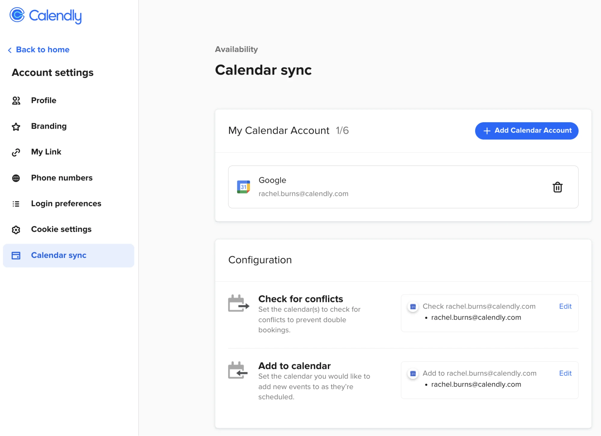Screenshot of the calendar sync page in Calendly account settings.