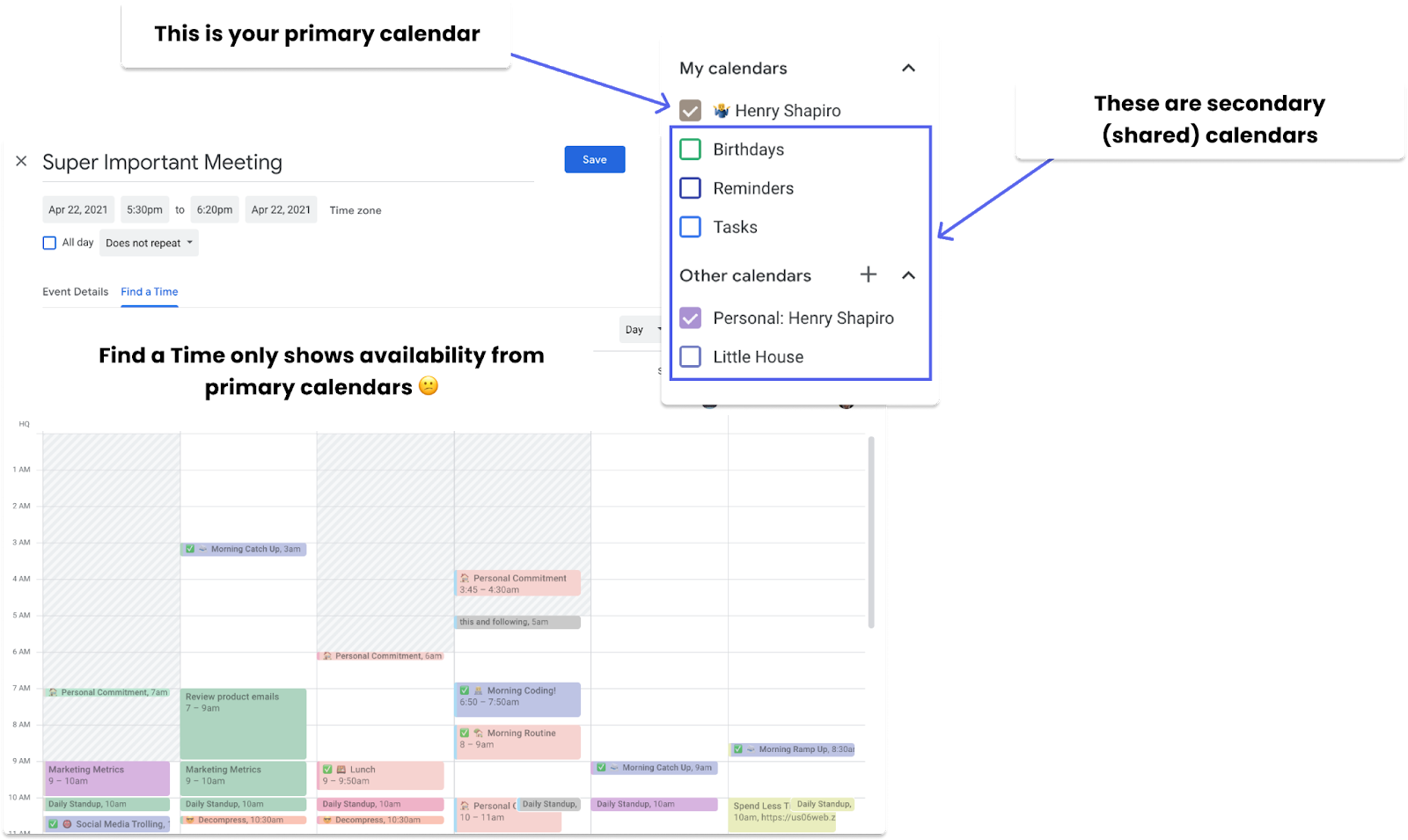 "Find a time" only shows info from your primary calendars. "Find a time" only shows info from your primary calendars.