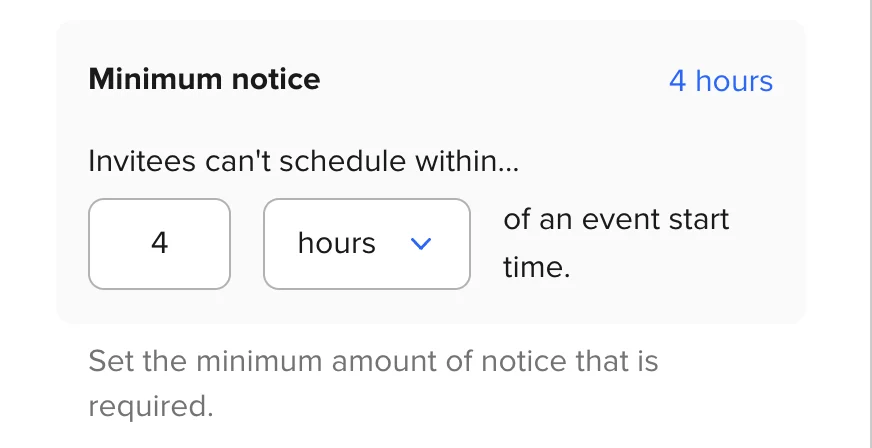 Screenshot of the minimum notice settings in the Calendly Event Type editor.