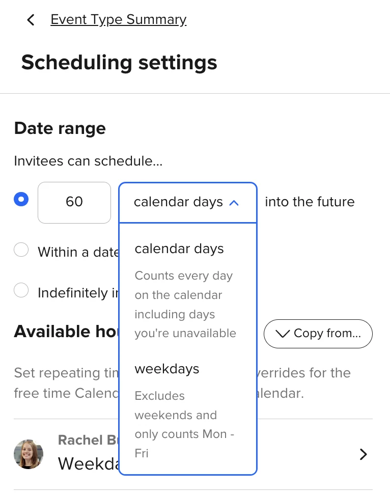 Screenshot of the Date range setting under Scheduling settings in the Calendly Event Type editor.