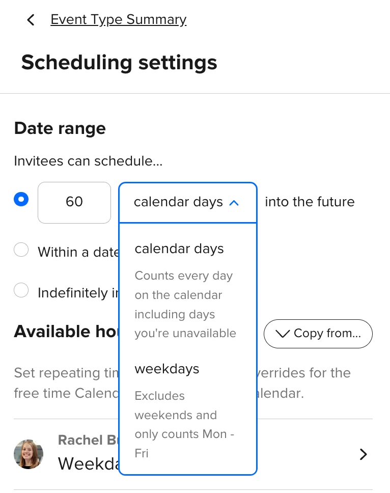 Screenshot of the Date range setting under Scheduling settings in the Calendly Event Type editor.