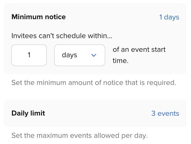 Screenshot of "Minimum notice" and "Daily limit" settings in the Calendly Event Type editor.
