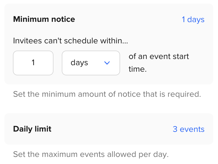 Screenshot of "Minimum notice" and "Daily limit" settings in the Calendly Event Type editor.
