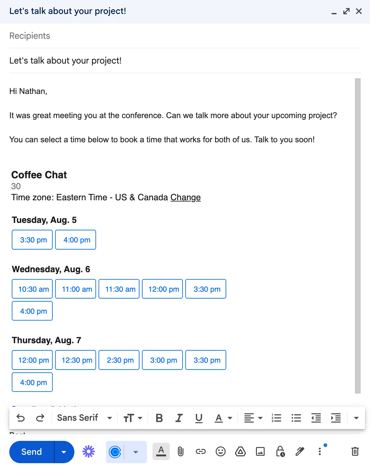 Screenshot of an email with clickable time slots added