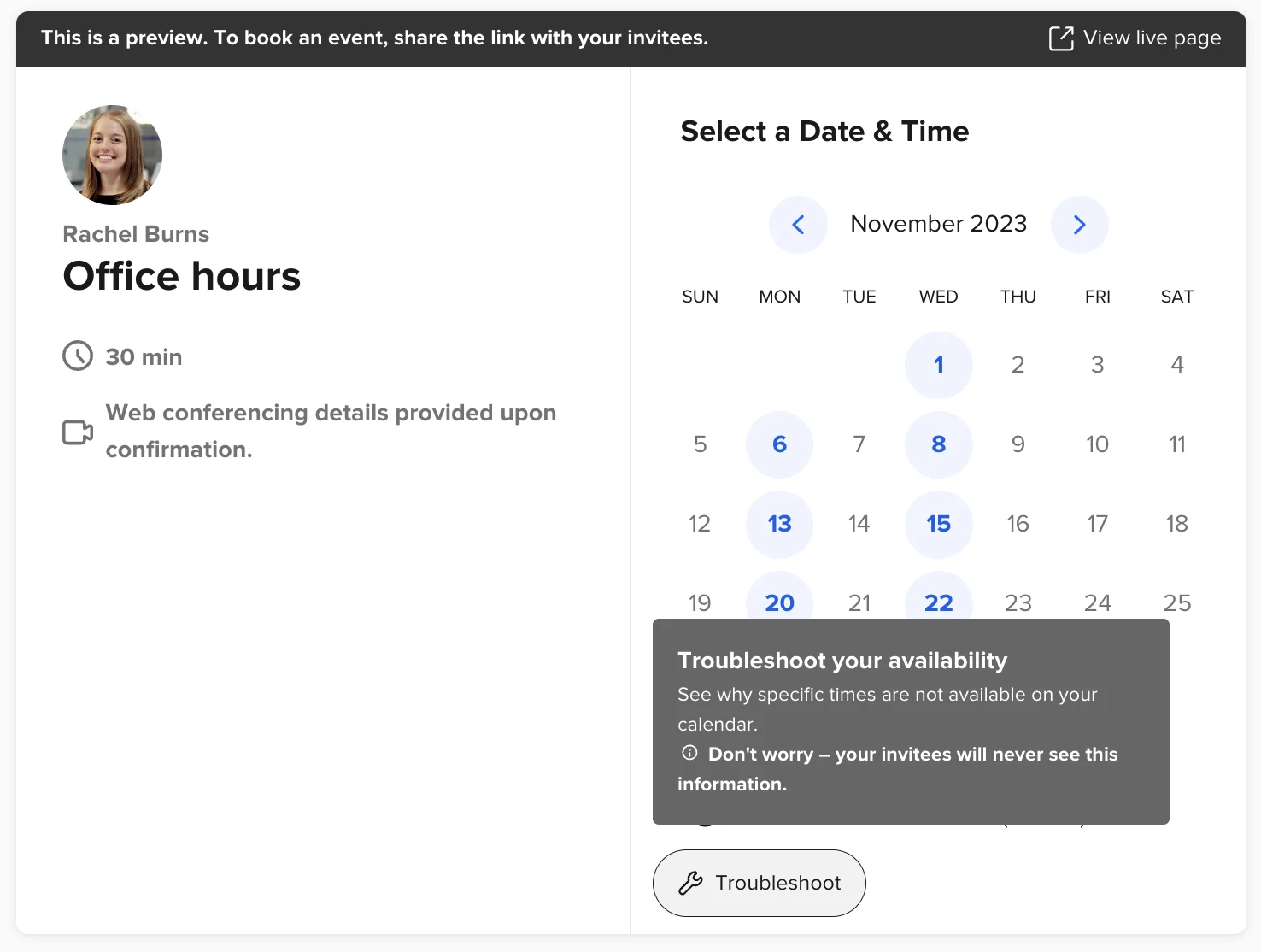 Screenshot of a Calendly booking page preview. The troubleshooting tool is selected and a "Troubleshoot your availability" message is displayed.