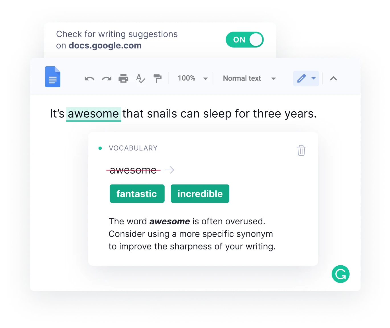 Screenshot showing how Grammarly's extension can pop up when you need it, and work for you without making you leave your document.