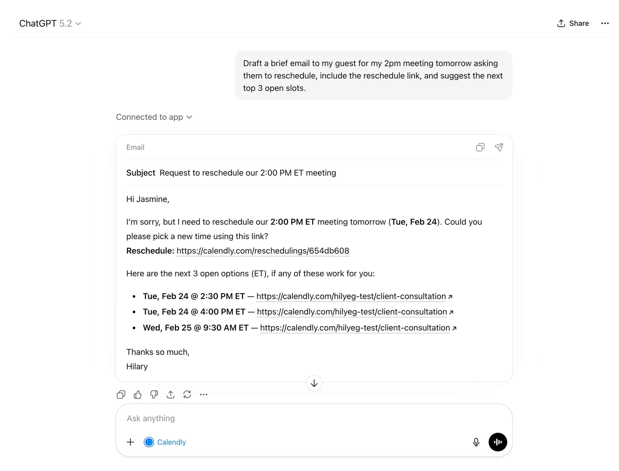 Screenshot of a ChatGPT conversation. The user tells ChatGPT to draft an email to their 2 p.m. meeting meeting guest asking to reschedule. ChatGPT provides an email draft with available times.