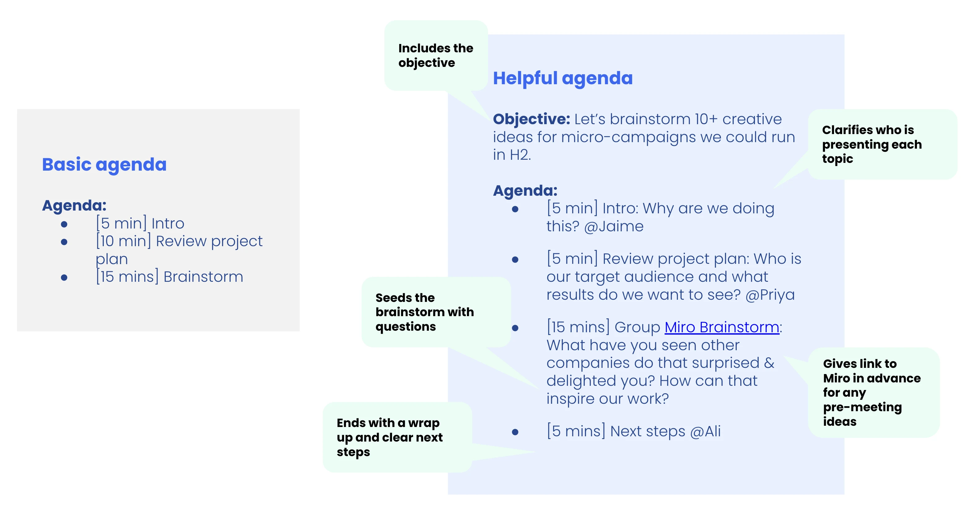 Side-by-side comparison of a "basic agenda" and a "helpful agenda." The basic agenda has vague bullet points. The helpful agenda includes the objective, who owns each agenda item, and more details on the meeting content.