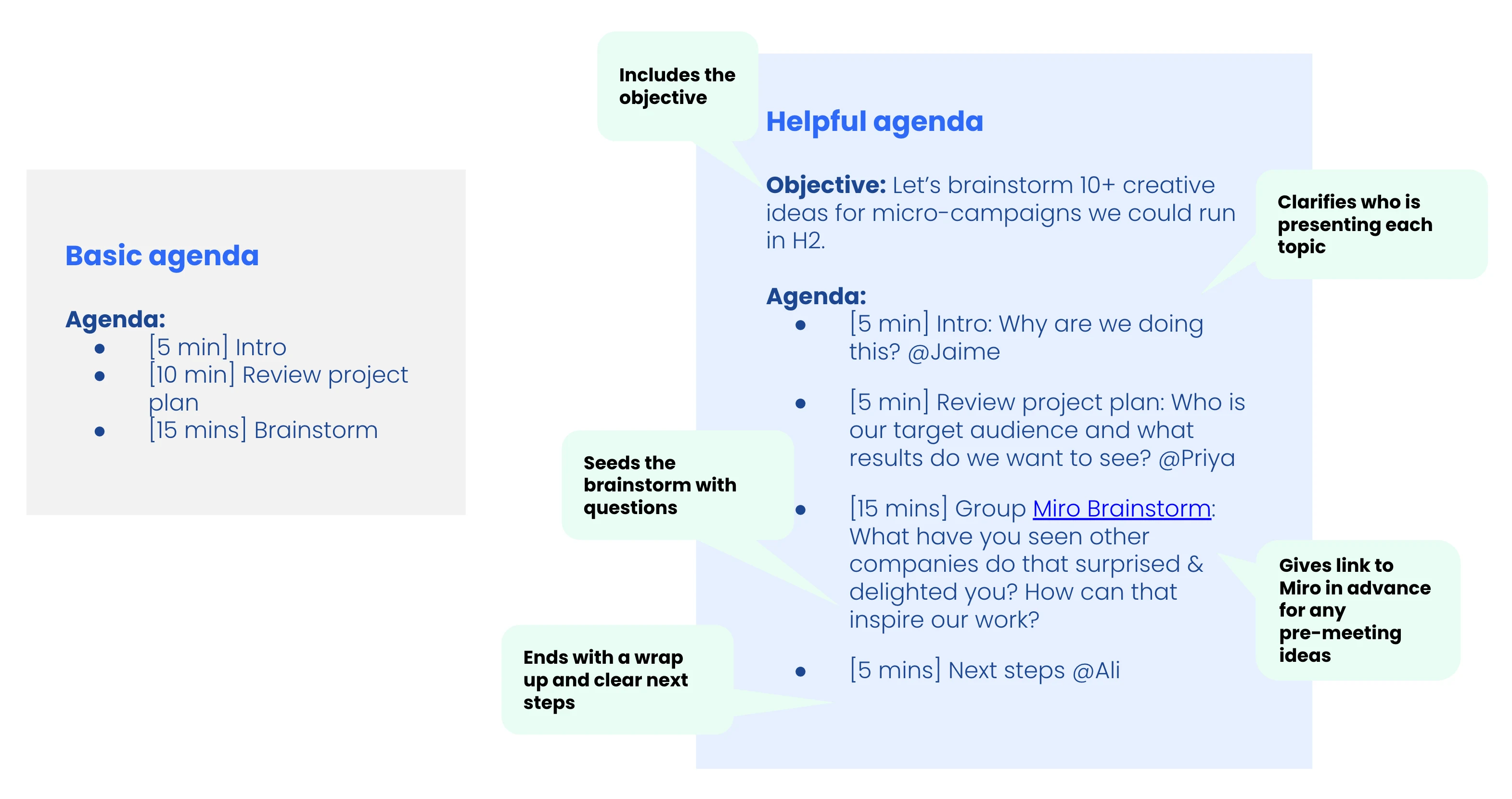 presentation notice format Side-by-side comparison of a "basic agenda" and a "helpful agenda." The basic agenda has vague bullet points. The helpful agenda includes the objective, who owns each agenda item, and more details on the meeting content.